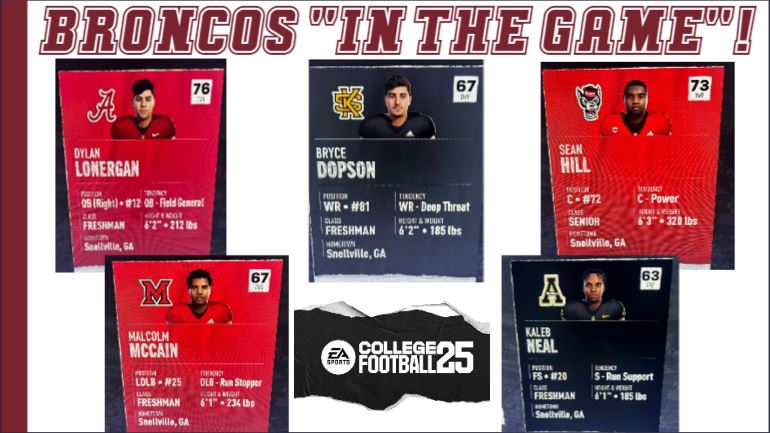 Bronco Alumni are "IN THE GAME"! Some are missing from current rosters &amp; hopefully <a href="/EASPORTSCollege/">EASPORTSCollege</a> sends out an update soon! <a href="/_dylanlonergan/">Dylan Lonergan</a> <a href="/brycedopson/">Bryce Dopson ⁸</a> <a href="/HILL_SEAN70/">Sean Hill</a> <a href="/mccain_malcolm/">Malcolm J. McCain</a> <a href="/kkneal6/">Kaleb Neal</a> <a href="/Bronco_Ftball/">Brookwood Football</a> <a href="/AlabamaFTBL/">Alabama Football</a> <a href="/kennesawstfb/">Kennesaw State Football</a> <a href="/NStatefootball/">NCStatefootball</a> <a href="/AppState_FB/">App State Football</a> <a href="/MiamiOHFootball/">Miami Football</a>