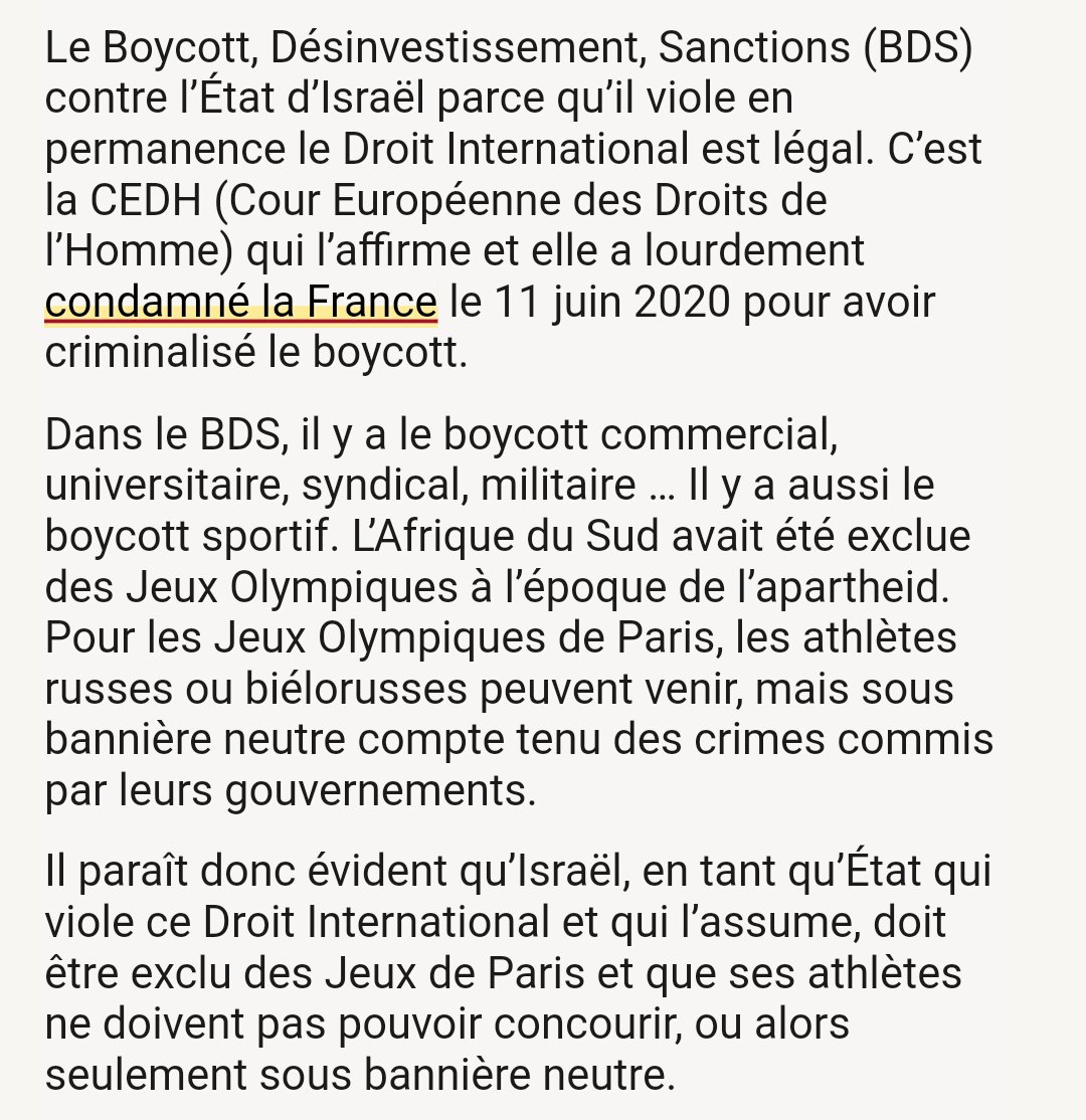 contactujfp's tweet photo. Le BDS contre Israël parce qu’il viole en permanence le Droit International est légal. Dans le BDS, il y a le boycott sportif.
Il paraît donc évident qu’Israël, en tant qu’État qui viole ce Droit International et qui l’assume, doit être exclu des Jeux de Paris.
⤵️3/5 https://t.co/TrPdldPH4Y