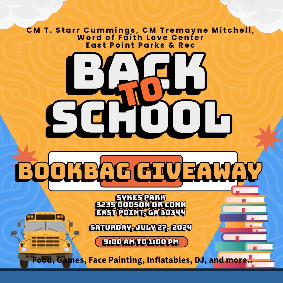 tab_amos's tweet photo. Come on out on Saturday, July 27th. No excuses! Every child will have supplies for the school year! #EastPoint #CityCouncilMembers @StarrCummings4 and #TremayneMitchell 
#SykesPark #BookbagGiveAway https://t.co/XNUHU800Lp