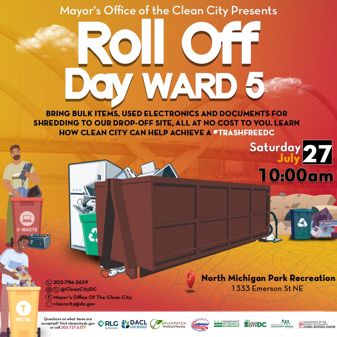Join us THIS SATURDAY for Roll Off Day in Ward 5! 🎉 

Dispose of bulk trash, shred important docs, and recycle electronics at North Michigan Park Rec Center (1333 Emerson St NE) at 10 AM. 

Let's clean up, shred up, and continue making a #TrashFreeDC!
