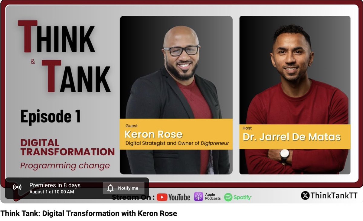 Think Tank (@thinktanktt) on Twitter photo Get ready for Episode One of <a href="/ThinkTankTT/">Think Tank</a> with Digital Strategist <a href="/thekeronrose/">Keron Rose</a> by visiting the YouTube channel and smashing the āNotify Meā button! š±ļø While youāre there, Like and Subscribe for future episodes š
youtu.be/4t6J56IDDls?si⦠Get ready for Episode One of <a href="/ThinkTankTT/">Think Tank</a> with Digital Strategist <a href="/thekeronrose/">Keron Rose</a> by visiting the YouTube channel and smashing the āNotify Meā button! š±ļø While youāre there, Like and Subscribe for future episodes š
youtu.be/4t6J56IDDls?siā¦