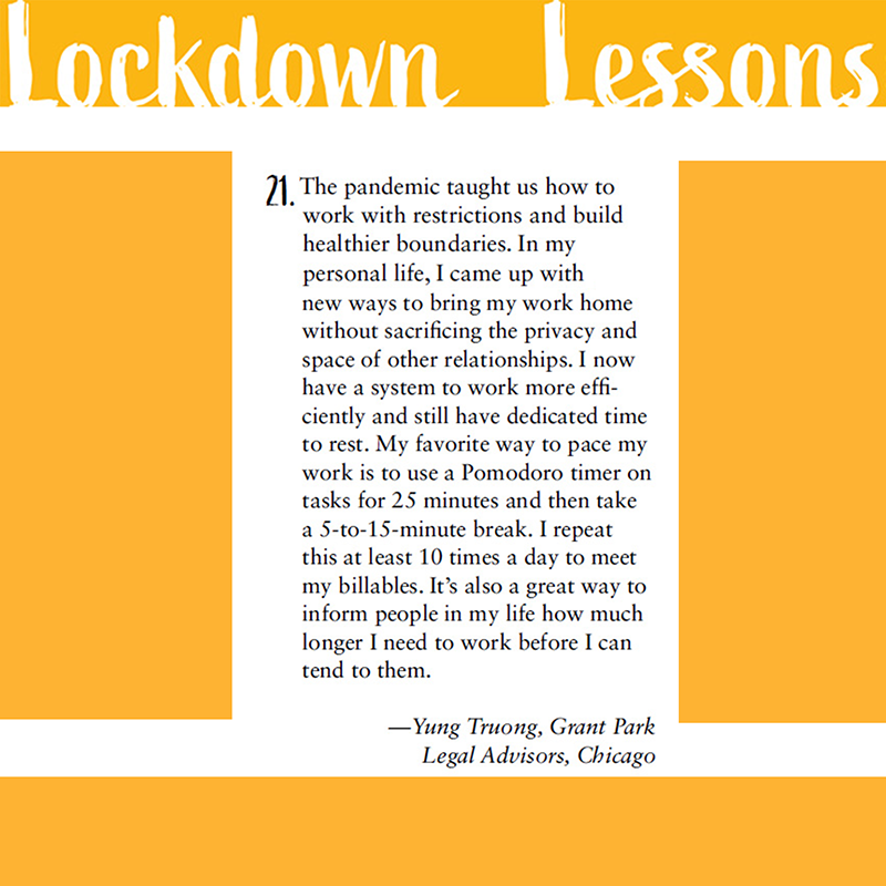 ABAJournal's tweet photo. Lockdown Lessons: What did lawyers learn during the pandemic, and how have they applied that to their professional lives? 21. Focus on yourself. —Yung Truong, Grant Park Legal Advisors, Chicago
https://t.co/JhKDjMkcFr
#LockdownLessons #COVID #COVID19 https://t.co/DvFR5WmB3C