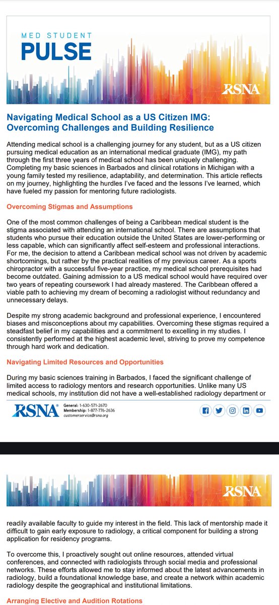 Grateful to share my most recent contribution to the <a href="/RSNA/">RSNA</a> <a href="/RSNATrainees/">RSNATrainees</a> Med Student Pulse newsletter for July! My path to radiology has been an incredible challenge and privilege. The warm generosity of radiology mentors has truly inspired my journey #futureradres