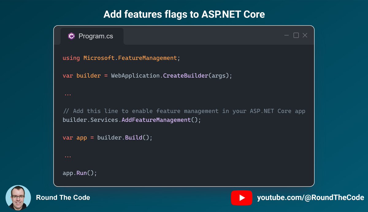 RoundTheCode's tweet image. Feature Management in ASP .NET Core allows you to add feature flags.
You do it by adding the Microsoft.FeatureManagement.AspNetCore NuGet package and calling AddFeatureManagement extension method.