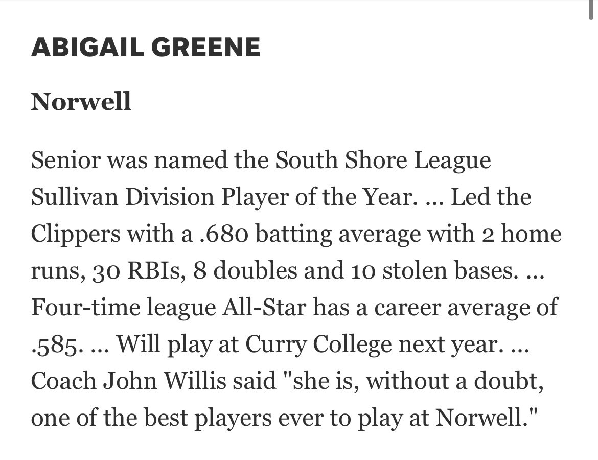 Thank you <a href="/sports_ledger/">Patriot Ledger sports</a> for naming me first team All-Scholastic! @CurrySoftball
