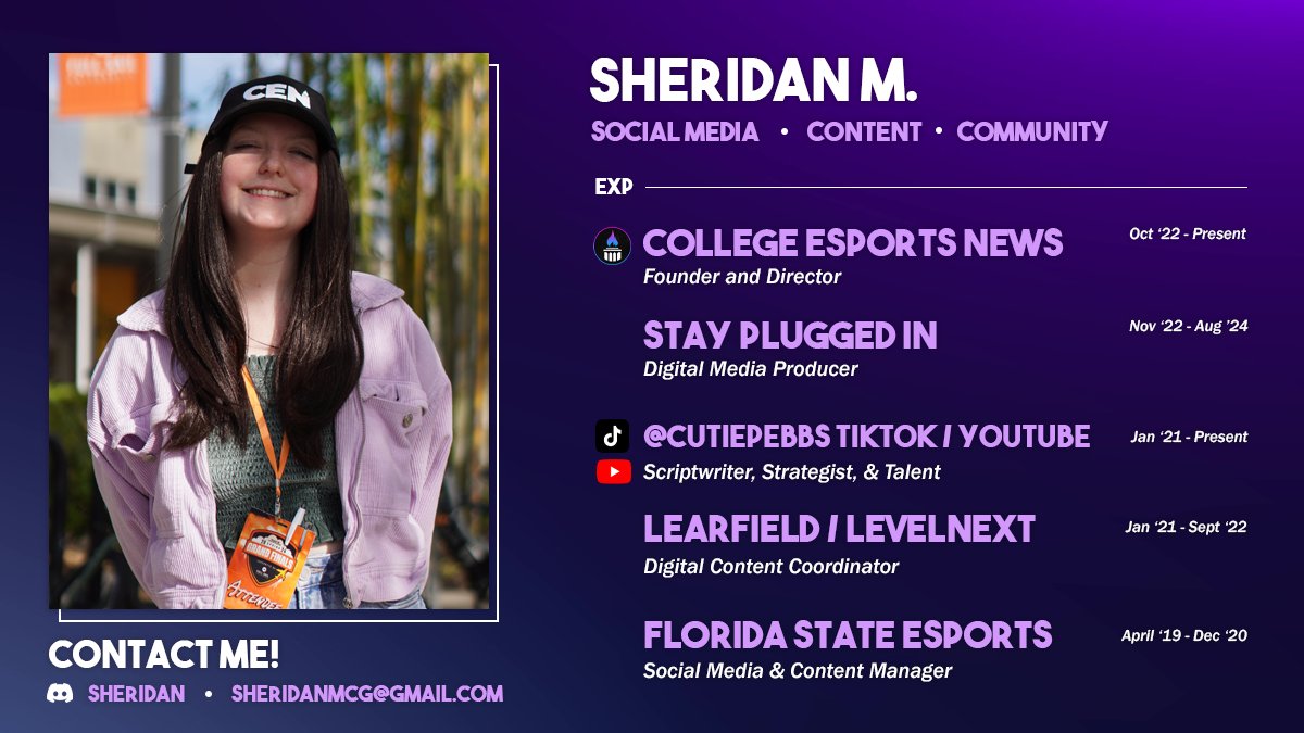 Sheridan (@cutiepebbs) on Twitter photo I am LFW in esports/gaming!
💼 Social Media / Content Creation
✈️ Willing to relocate
✅ Skills: Social media, graphic design, video editing, writing, editing
📨 sheridanmcg@gmail.com / Sheridan (discord)
DMs open, resume available
RTs & recommendations appreciated I am LFW in esports/gaming!
💼 Social Media / Content Creation
✈️ Willing to relocate
✅ Skills: Social media, graphic design, video editing, writing, editing
📨 sheridanmcg@gmail.com / Sheridan (discord)
DMs open, resume available
RTs & recommendations appreciated