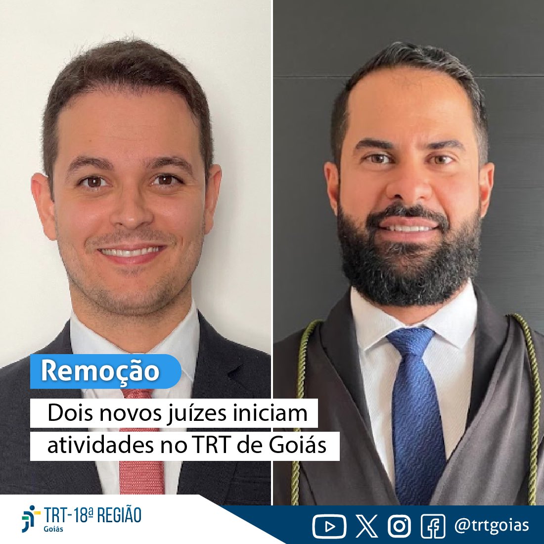 Os juízes trabalhistas Alyson Alves (à direita na foto) e Bruno Oliveira foram removidos do TRT-14 (RO/AC) e entraram em exercício nesta segunda-feira no TRT-GO. Lotados na Secretaria da Corregedoria Regional, atuam como juízes volantes. Leia mais em trt18.jus.br