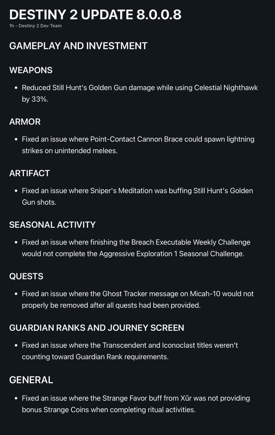 Destiny Director on X: &ldquo;Destiny 2 Update 8.0.0.8 Patch Notes 