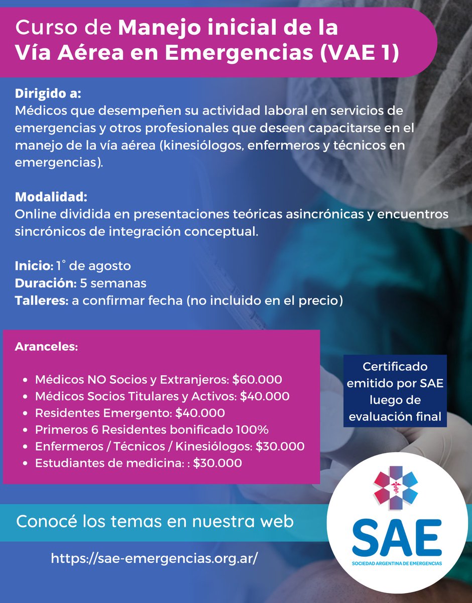 Les recordamos que continúa abierta la inscripción al Curso de Manejo Inicial de la Vía Aérea en Emergencias (VAE 1) organizado por el Comité de Vía Aérea.

Link de preinscripción: forms.gle/X2MhWNFouzVkyH…… 

¡Los esperamos!