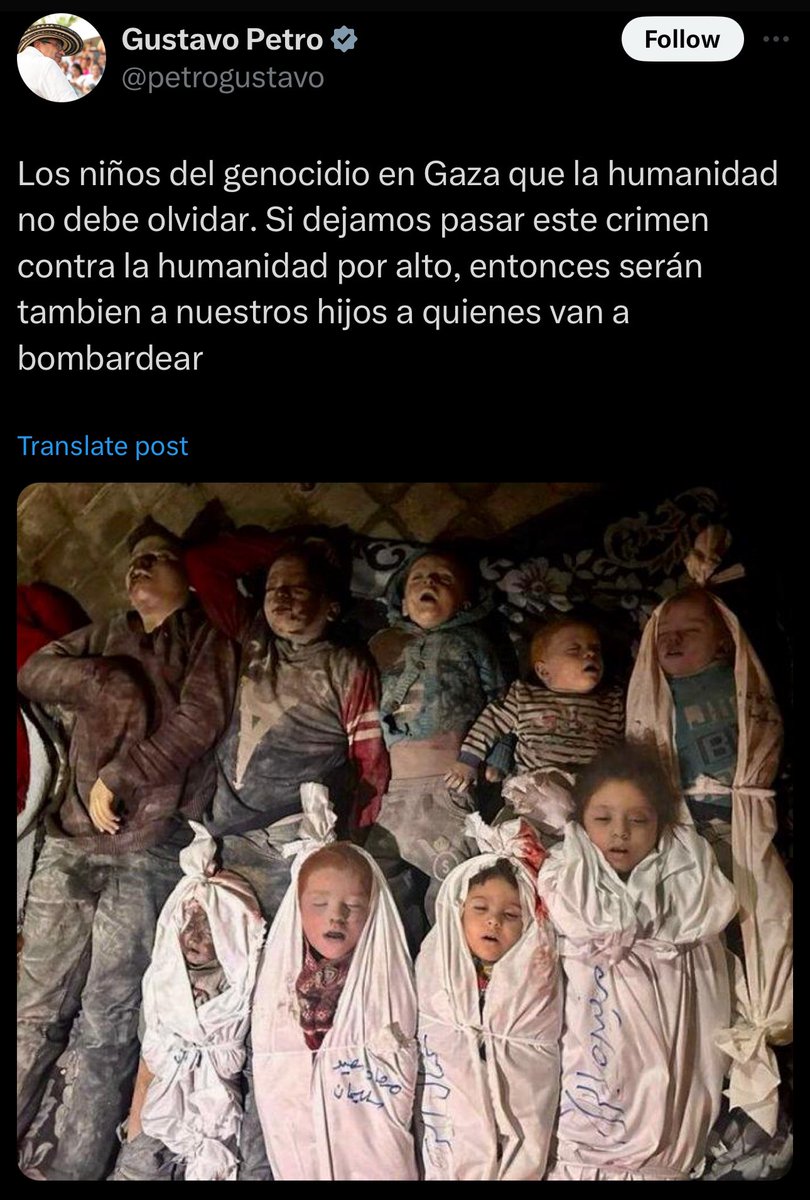 Kahlissee's tweet image. 🇨🇴🇵🇸 BREAKING: Colombia’s President Petro posts a picture of Gaza’s children:

“The children of the genocide in Gaza that humanity must not forget. If we overlook this crime against humanity, then it will be our own children who will be bombed next.”

Give this man a medal 🏅