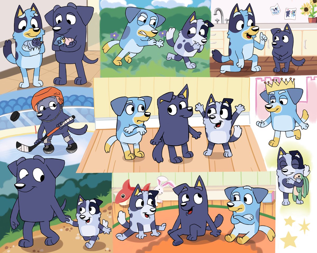bbbunnyy__'s tweet photo. 🐇 LabraHeeler family collage, featuring Jean-Luc &amp; Bluey’s kids Amelia, Darcy, and Milou! Amelia and Darcy are 6 year old fraternal twins; Milou is the Surprise puppy, and is 3!

#bluey #blueyart #blueyartist #blueyoc #jeanlucbluey #blueyheeler #blueyfanart https://t.co/qBBtbS7ImU