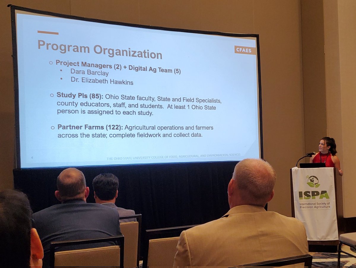 OhioStatePA's tweet photo. Team member Dena Wilson talking about our #farmdata management process for our #efields report at 16th @IntSoPA Conference.  Lots of people and data to handle and organize in order to create the report. #precisionag @CFAES_OSU https://t.co/xppDOGrMgr