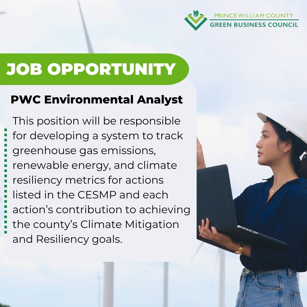 pwcgbc's tweet image. The office Sustainability is now looking for its first Environmental Analyst position! 

APPLY HERE: governmentjobs.com/careers/pwcgov…

Application is closing July 30, 2024

Have any questions contact Giulia Manno: at gmanno@pwcgov.org
