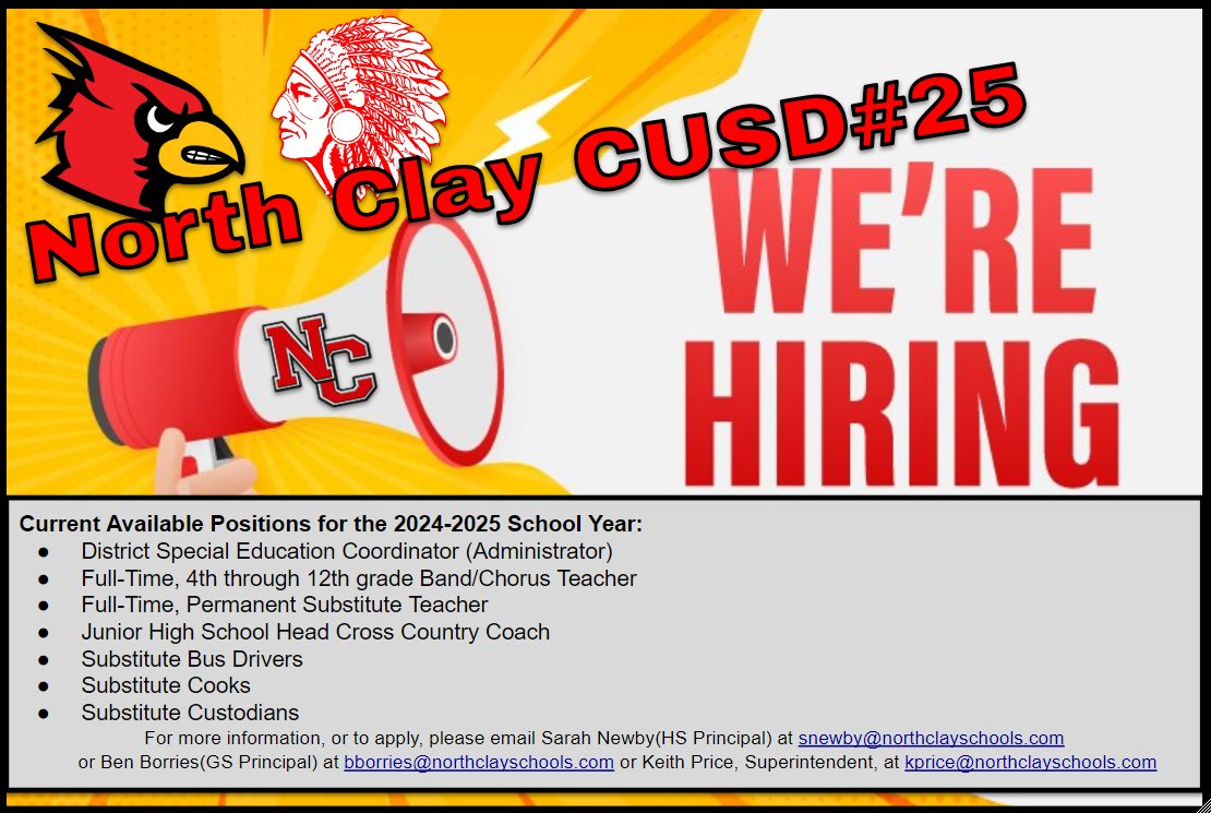 Join the North Clay Team!  Please see the current job postings for NCCUSD#25.  For more information, please contact Keith Price, Superintendent, at kprice@northclayschools.com <a href="/eiu/">#EIU</a> <a href="/EIU_CollegeOfEd/">EIU's College of Education</a>