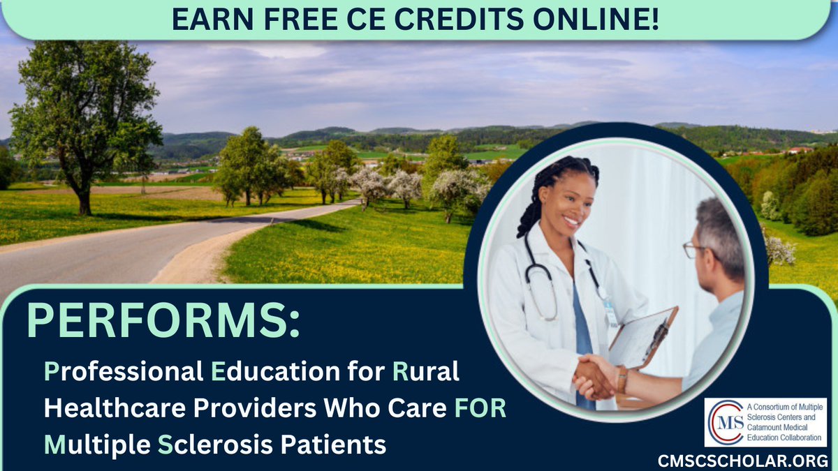 EARN FREE CE CREDITS ONLINE!

This is a two (2)-hour online activity designed to review the most current evidence on multiple sclerosis (MS) care, with a focus on improving care for patients living in rural areas of the United States.

<a href="/CatMedEd/">Catamount Med Ed</a>

cmscscholar.org/performs-profe…