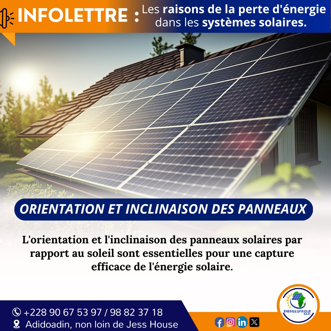 Saviez-vous ? 
🌞 Ombre, mauvaise orientation et saleté peuvent réduire l'efficacité de vos panneaux solaires. 

Contactez ENERGA'AFRIQUE  pour des solutions ! 🔧 
#EnergaAfrique #EnergaAfriquesarl #AssistanceTechnique
#ÉnergieSolaire #Efficacité