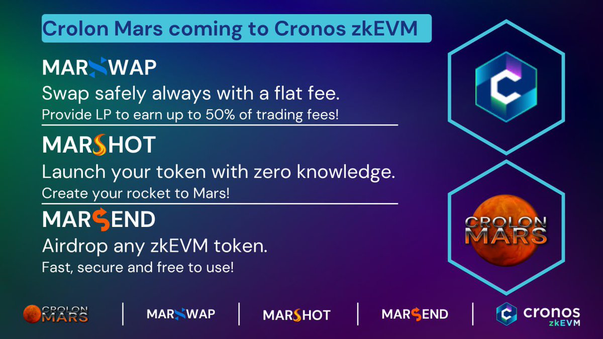 Marswap is supporting <a href="/cronosapp/"></a> as Launch Partners of #Cronos #zkEVM

🌌 Our new Marshot feature brings the latest advancements in technology, including AI, and a new version of PumpFun that requires no code to create your token.

zkEVM Marswap Exchange is a cutting-edge