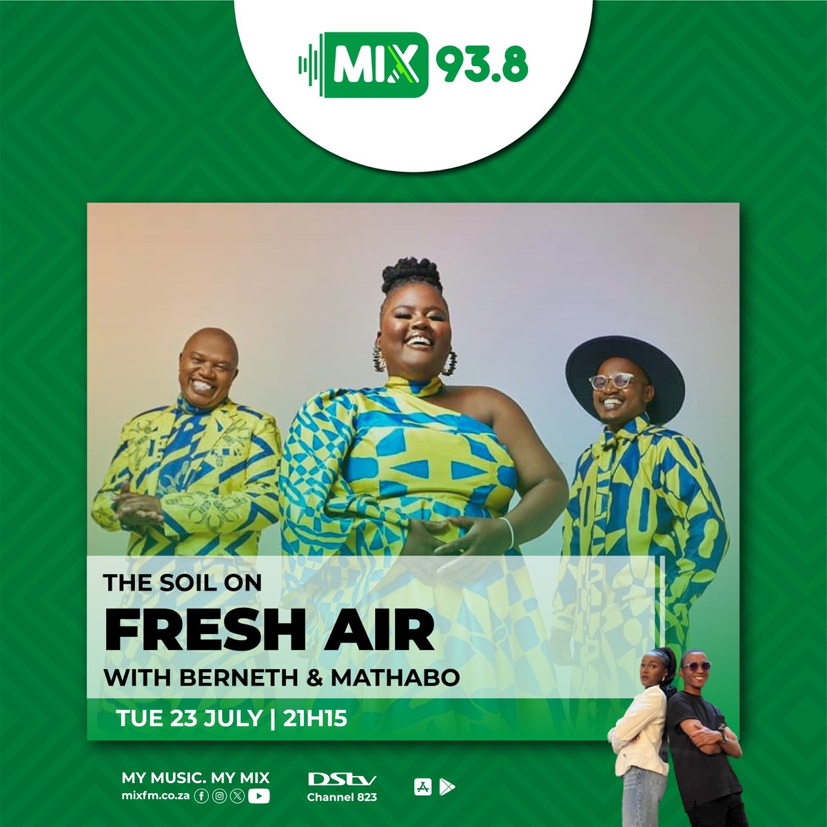 Get ready for an amazing episode of Fresh Air with Berneth &amp; Mathabo on Mix 93.8!

We’re thrilled to have The Soil joining us on Tonight at 21:15. Tune in for an evening of incredible music and inspiring conversation.

Don't miss out!

#Mix938 #FreshAir #TheSoil