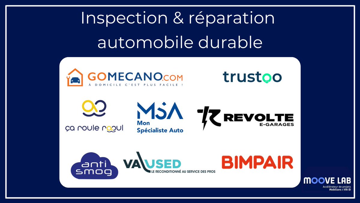 [Moove Lab alumni]🚀 Saviez-vous que le Moove Lab accompagne des startups qui innovent durablement ? 
Mettons en avant les startups qui se concentrent sur la thématique "#Inspection &amp; Réparation 🚗 Durable". Ces initiatives sont au cœur des solutions proposées par nos pépites⬇️