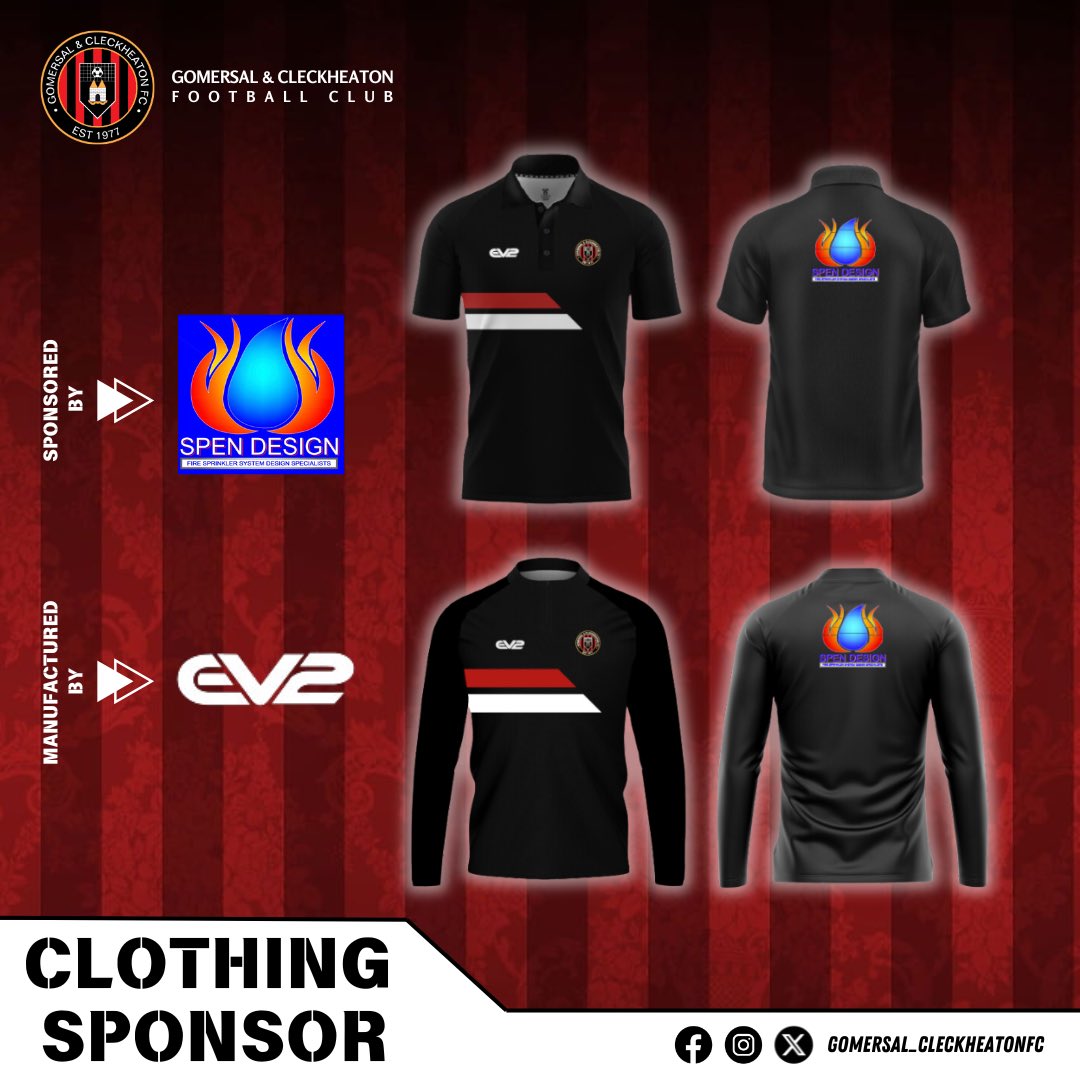 𝙉𝙚𝙬 𝘾𝙡𝙤𝙩𝙝𝙞𝙣𝙜 𝙎𝙥𝙤𝙣𝙨𝙤𝙧 - 𝙎𝙥𝙚𝙣 𝘿𝙚𝙨𝙞𝙜𝙣

Delighted to announce our new clothing sponsor for this season. Huge thank you to Spen Design fire sprinkler system design specialists.

Manufactured by @EV2Sportswear