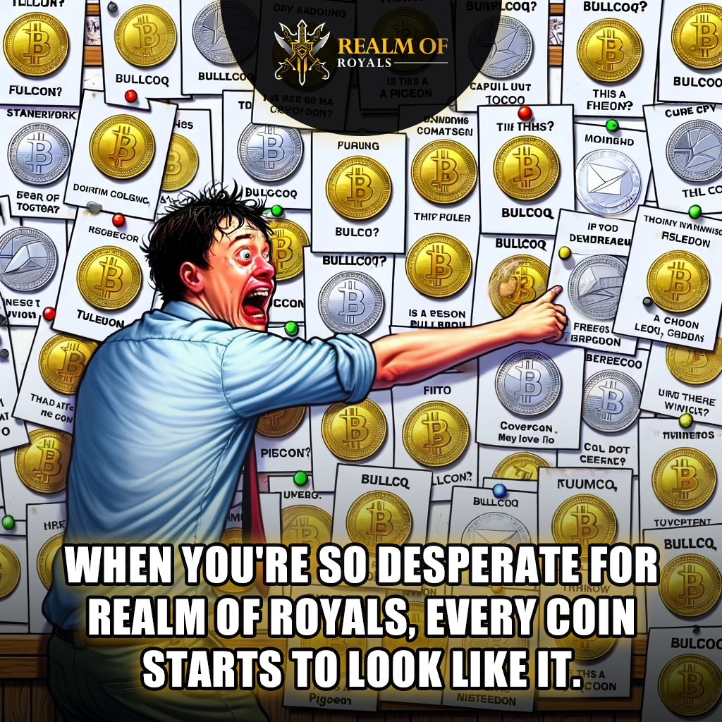 realmofroyals's tweet photo. When you're so desperate for Realm of Royals, every coin starts to look like it. 💸🔍 #RealmOfRoyals #CryptoHumor #CryptoLife https://t.co/7SAcKz9ibP