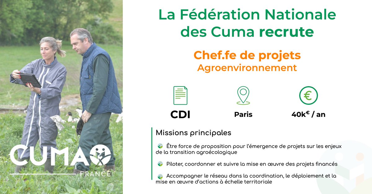 CUMAFrance's tweet photo. La #FNCuma recrute un Chef – une Cheffe de projets agroenvironnement.
Poste sur Paris.
➡️ https://t.co/z7phq4O2hx
#Cuma #job #Emploi #CDI #agriculture #agroequipement #economieagricole #agroeconomie #agroecologie #transitionagroecologique https://t.co/IRbYMu5ijJ