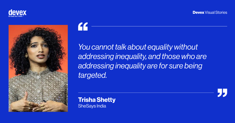 devex's tweet photo. .@TrishaBShetty started @SheSaysIndia to support survivors of sexual violence in India. Find out how the organization is fighting gender-based discrimination in this visual story: https://t.co/D7AtowwQ3I
Produced in partnership with @UNWomen
#GenerationEquality #TechForEquality