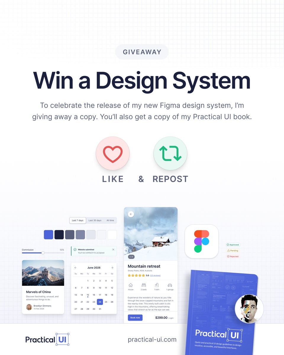 ❖ Just 1 week to go! 🙌

After a year in the making, my Figma Design System will be released on 30 July 2024

To celebrate, I’m giving away a copy of the design system + the @PracticalUI book 📘

❤️ Like and 🔁 repost to be in the running

PS Join the waitlist for 30% off 👇