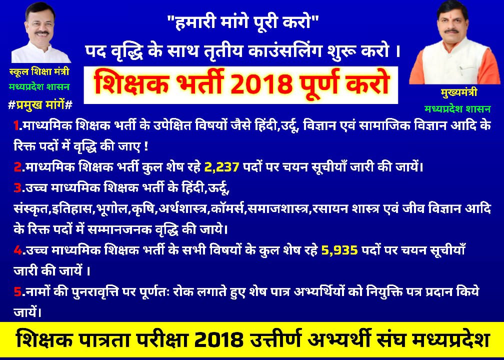 पहले #2018_शिक्षक_भर्ती लम्बित है उसे ही #पद_वर्द्धि_तृतीय_काउंसलिंग के साथ पूर्ण कर दीजिए।
अभ्यार्थी ओवर ऐज हो रहें हैं।
<a href="/CMMadhyaPradesh/">Chief Minister, MP</a> <a href="/DrMohanYadav51/">Dr Mohan Yadav</a> <a href="/JagdishDevdaBJP/">Jagdish Devda</a> <a href="/udaypratapmp/">Uday Pratap Singh</a> <a href="/KrVijayShah/">Dr. Kunwar Vijay Shah</a>
<a href="/aanandjat/">Anand Jat आनन्द जाट🇮🇳</a> <a href="/JansamparkMP/">Jansampark MP</a> <a href="/schooledump/">School Education Department, MP</a> <a href="/WelfareTribal/">Tribal Welfare Department, MP</a> <a href="/EduMinOfIndia/">Ministry of Education</a> <a href="/ZeeMPCG/">Zee MP-Chhattisgarh</a>