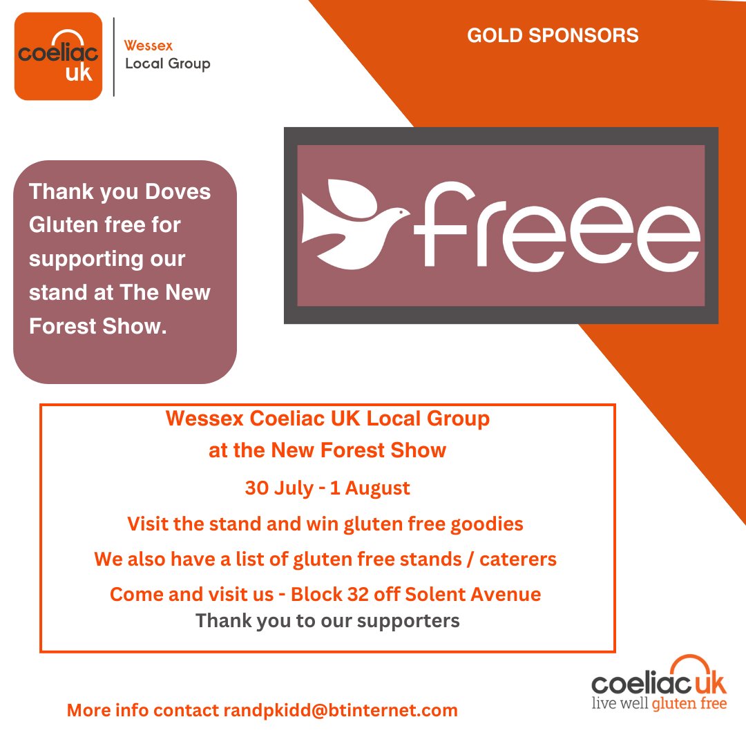 Coeliac UK Wessex (@coeliacukwessex) on Twitter photo Come and visit us <a href="/NewForestShow/">New Forest Show</a> we will have #glutenfree goodies from #Doves #Freee available to win, plus a list of #glutenfree stands and caterers at the show.
Catch up with <a href="/Coeliac_UK/">Coeliac_UK</a> find out what's happening in research, sponsorship and charity events and more.... Come and visit us <a href="/NewForestShow/">New Forest Show</a> we will have #glutenfree goodies from #Doves #Freee available to win, plus a list of #glutenfree stands and caterers at the show.
Catch up with <a href="/Coeliac_UK/">Coeliac_UK</a> find out what's happening in research, sponsorship and charity events and more....