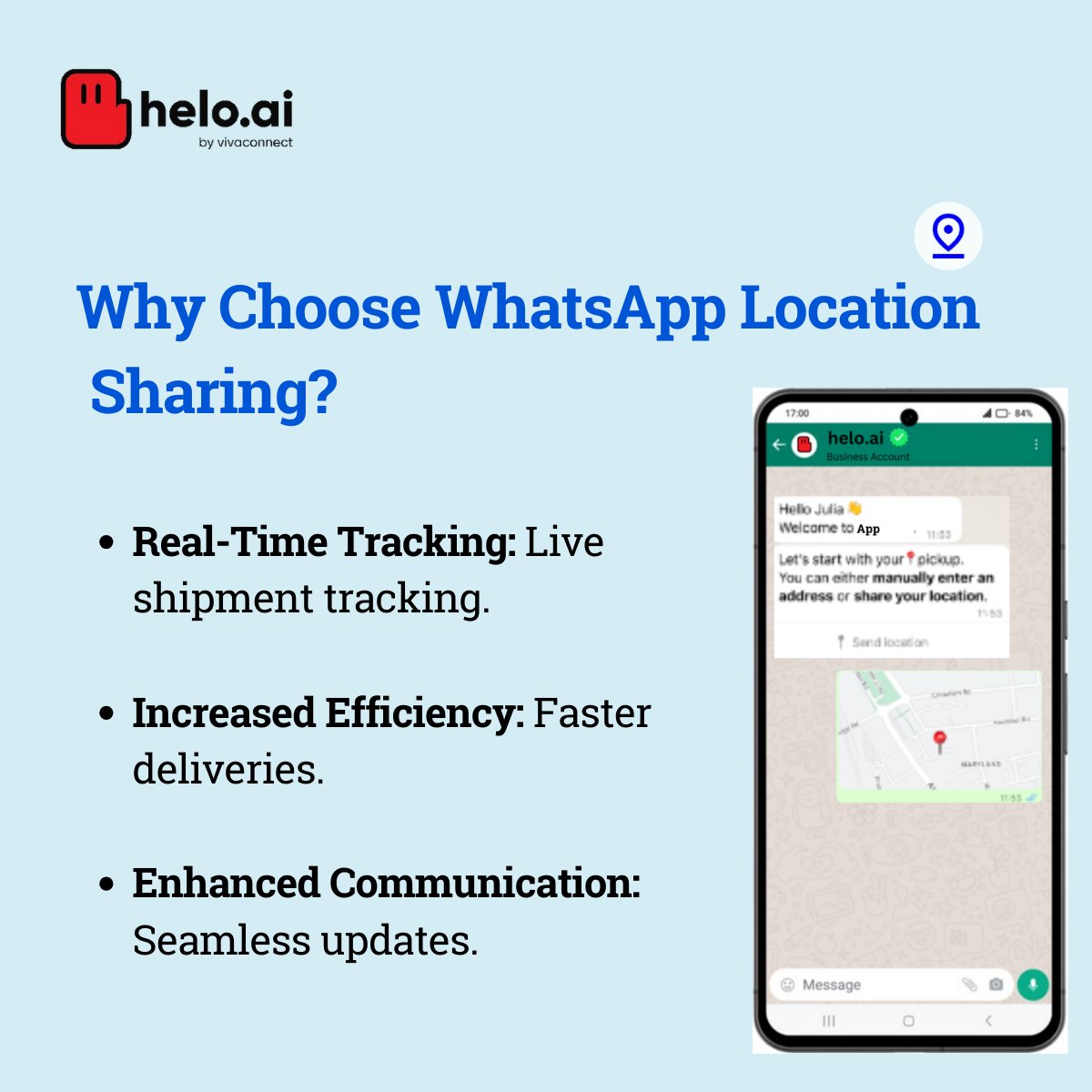 sayheloai's tweet photo. Optimise your logistics with WhatsApp's smart location sharing through VivaConnect. Enjoy benefits like real-time tracking, quicker deliveries, and seamless communication, among other features!
#Logistics #WhatsApp #LocationSharing #dofastfailfastwinfast #sayheloai #VivaConnect https://t.co/mcIFKtgB2M