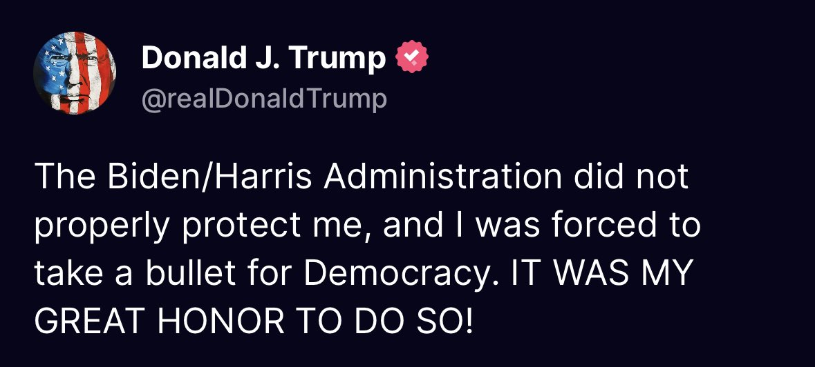 🚨 PRESIDENT TRUMP: “I was forced to take a bullet for democracy. IT WAS MY GREAT HONOR TO DO SO!”

What a patriot 🇺🇸
