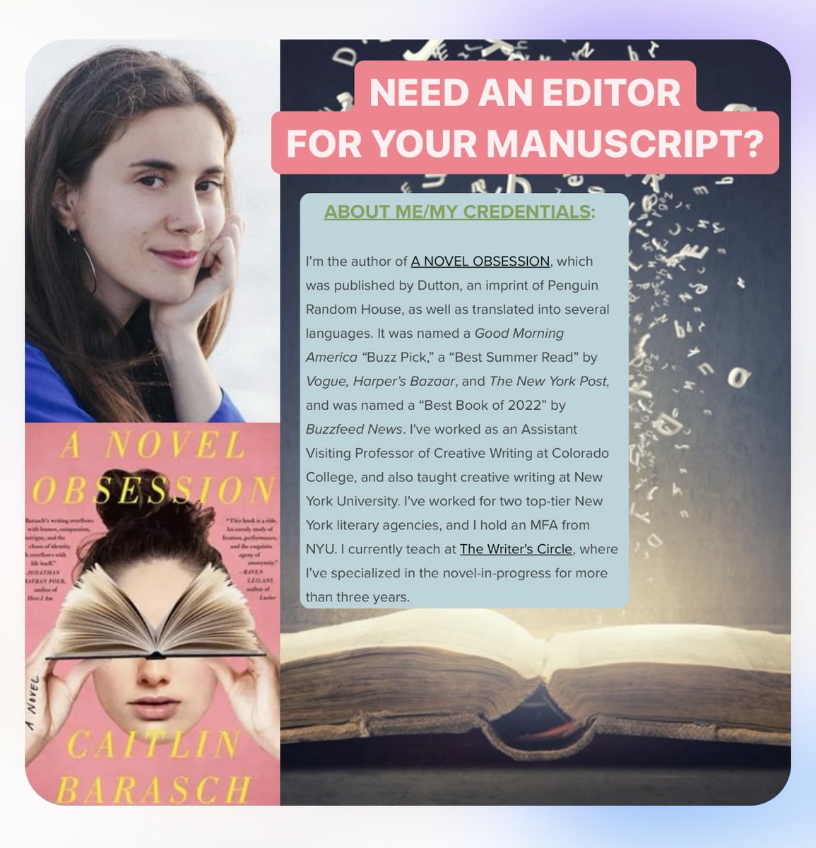 CaitlinBarasch's tweet photo. Thrilled to launch my editorial services business! After years of successful word-of-mouth referrals, I’m excited to work with new writers ✍🏼 

(I promise my editing skills are better than my graphic design skills!!!) 

https://t.co/0OPIUtJXVY https://t.co/EjQhfFv48f