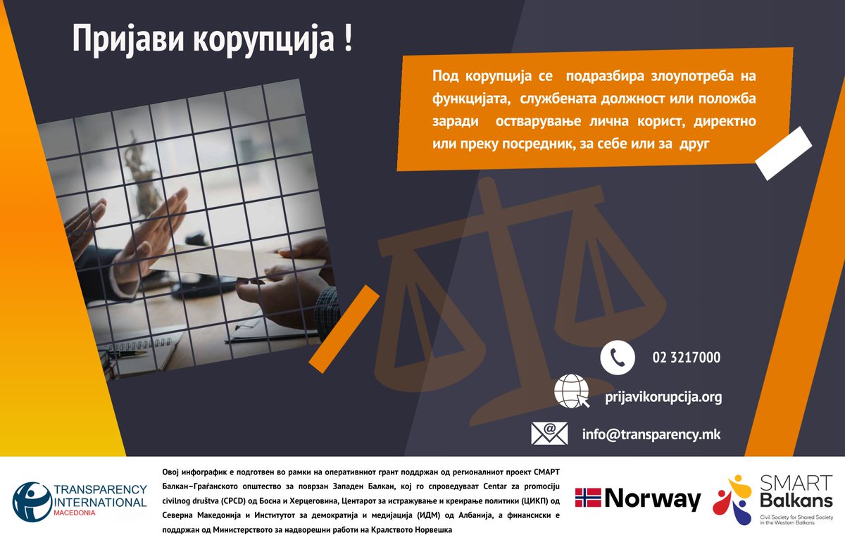 TI_Macedonia's tweet image. 🟠 Не дозволувај да бидеш жртва на корупцијата!

☑️ Со секое пријавување придонесуваш до полесно искоренување на корупцијата во нашето општество ⚖️

📢 Пријави корупција!

#SMARTBalkansProject #SupportedByNorway #CoreSupport @BalkansSmart @NorwayMFA