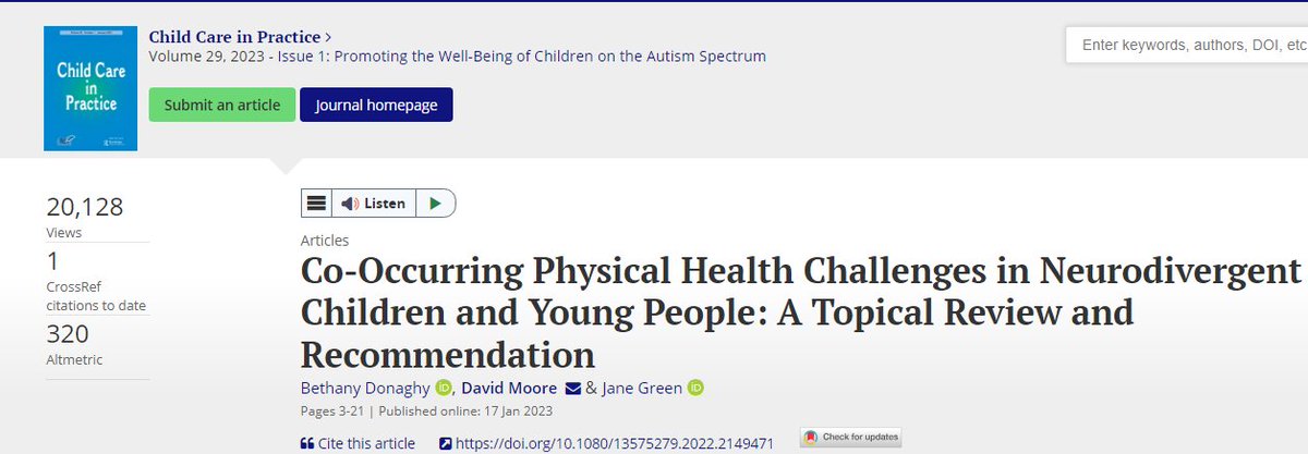 Jane Green MBE FCCT connective 😶 (@jgjanegreenmbe) on Twitter photo Delighted the co-occurring physical health challenges in neurodivergent children and young people peer reviewed paper and only published last year now has 10 citations and over 20000 views.
<a href="/bethanydonaghy1/">Bethany Donaghy (she/her)</a> <a href="/DaveMoore_Pain/">Dr. David Moore</a> and myself.
Link here: tandfonline.com/doi/full/10.10… Delighted the co-occurring physical health challenges in neurodivergent children and young people peer reviewed paper and only published last year now has 10 citations and over 20000 views.
<a href="/bethanydonaghy1/">Bethany Donaghy (she/her)</a> <a href="/DaveMoore_Pain/">Dr. David Moore</a> and myself.
Link here: tandfonline.com/doi/full/10.10…