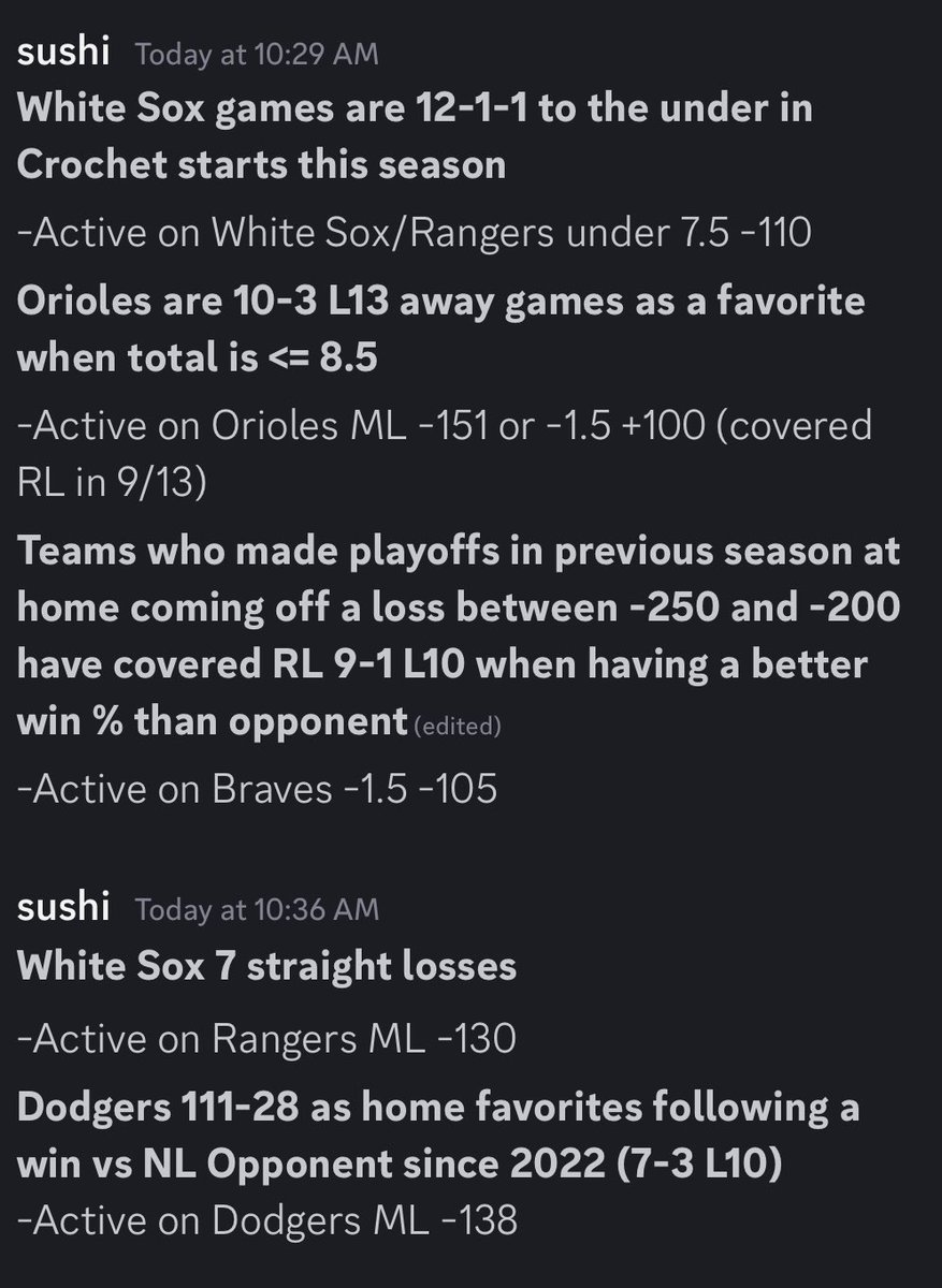 SushiBet's tweet photo. Early trends for those looking towards tonight’s #MLB slate. Not all listed pitchers set yet for tonight 15 game slate.
What’s your favorite bet tonight?
#GamblingX #mlbbetting #SportsBets #MLBTrend https://t.co/MFDgFd0bAI