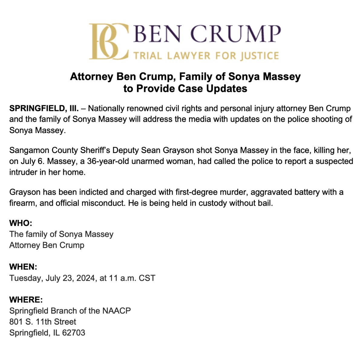 BenCrumpLaw's tweet photo. MEDIA ALERT: @AttorneyCrump and the family of Sonya Massey will provide case updates on the deadly police shooting of Sonya today (7/23) at 11 a.m. CST in Springfield, IL. https://t.co/uORyXEULhL