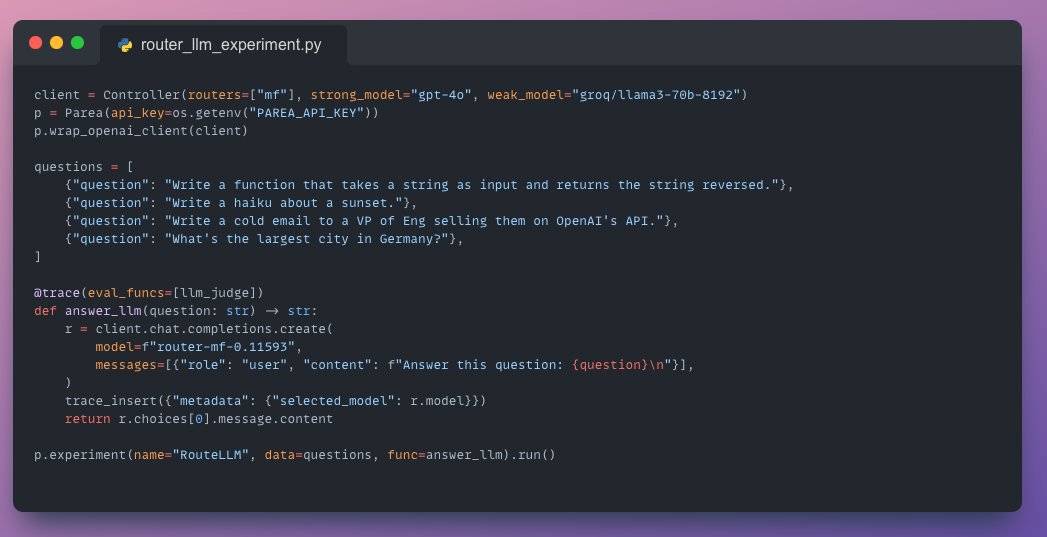Def agree this could be great. Probably best if you can train the router yourself. <a href="/anyscalecompute/">Anyscale</a>'s RouterLLM tracing support with <a href="/PareaAI/">PareaAI</a>