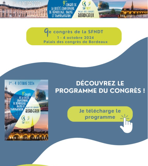 com_SFNDT's tweet photo. 📢Il vous reste encore quelques jours pour profiter du tarif préférentiel d'inscription au Congrès annuel de la SFNDT 2024  (31/07) !

Déjà de nombreux néphrologues se sont inscrits.

Pour en savoir + : https://t.co/twPoujtvq9

Rendez-vous à Bordeaux début octobre ! https://t.co/3jJcVA3HXx