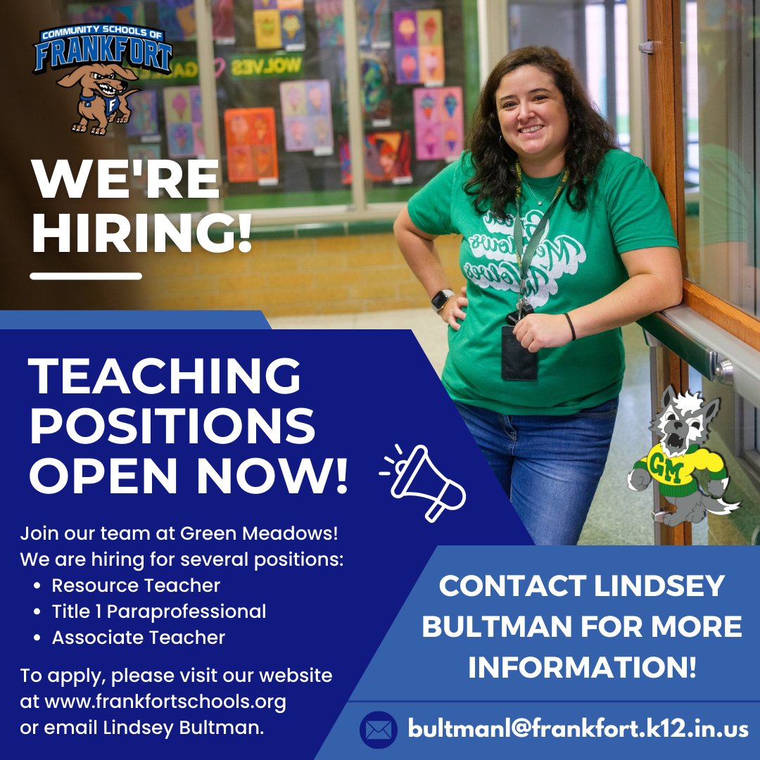 Community Schools of Frankfort (@csfhotdogs) on Twitter photo <a href="/GMEWolves/">Green Meadows</a> still has 3 positions left to fill for this coming year! Please apply if interested and share with anyone you know! 🐾🐺 #hiringnow #jobopening <a href="/GMEWolves/">Green Meadows</a> still has 3 positions left to fill for this coming year! Please apply if interested and share with anyone you know! 🐾🐺 #hiringnow #jobopening