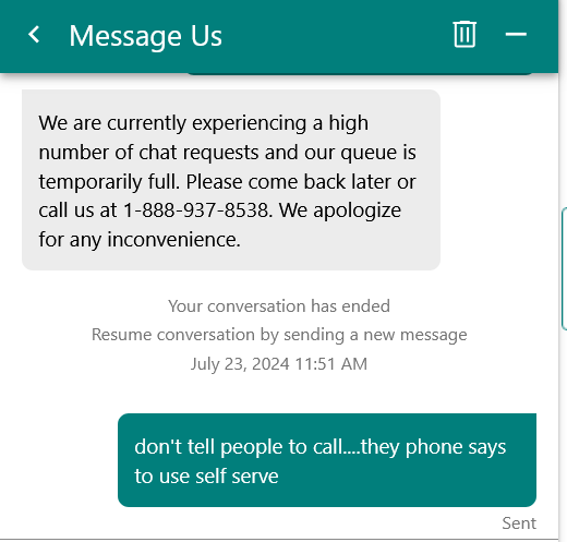 ReganA02's tweet photo. @WestJet what is going on? You cannot call, b/c the lines are at capacity. You cannot chat online, b/c the chat is at capacity. WHAT IS A PERSON TO DO??? https://t.co/gK9ygGpQJz