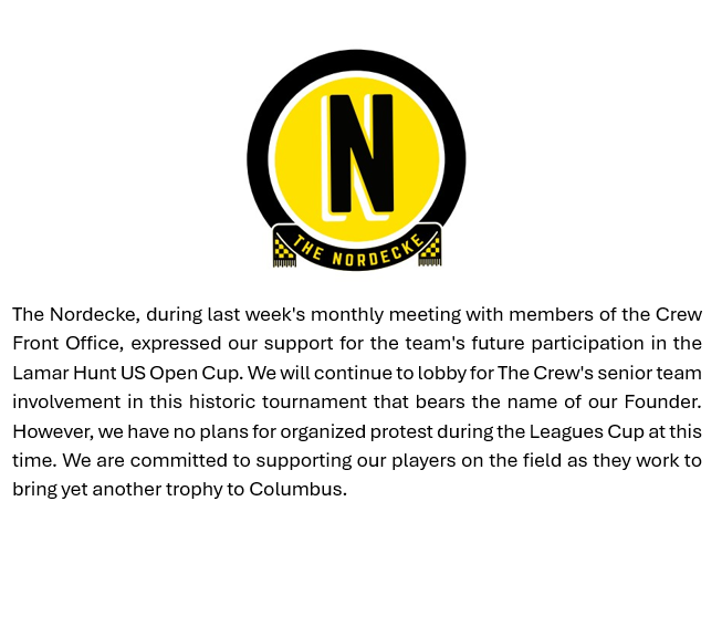 Nordecke's tweet photo. A Statement on The Lamar Hunt US Open Cup and Leagues Cup

#Crew96 | #VamosColumbus https://t.co/8yApTz1tE9