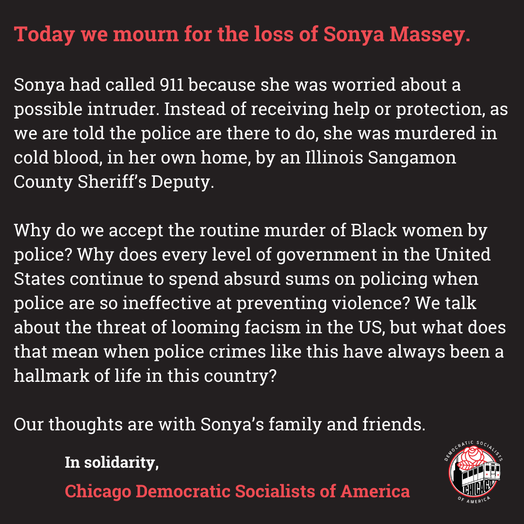 ChicagoDSA's tweet photo. Today we mourn for the loss of Sonya Massey. /1 https://t.co/XIwFDt4xKn