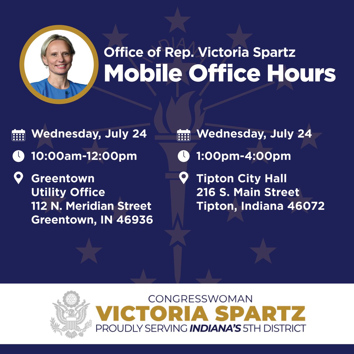 RepSpartzOffice's tweet photo. Tomorrow, our office will be holding Mobile Office Hours in Howard and Tipton County. Please feel free to drop by and speak with a member of our staff about any federal assistance you may need! https://t.co/PfeiTRcSjc