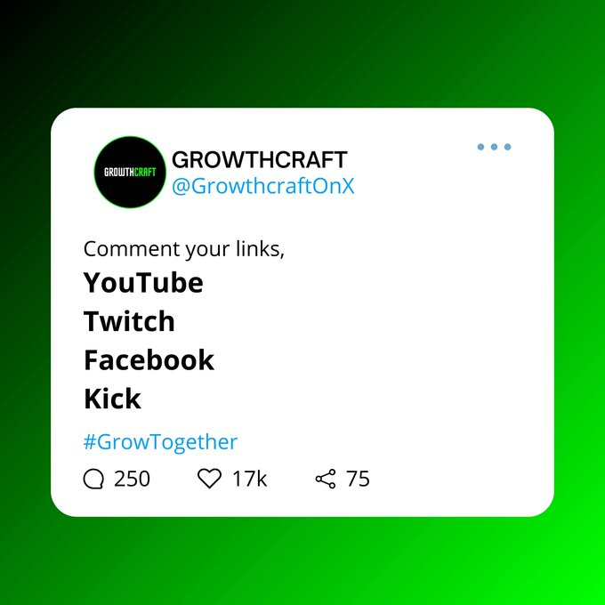 GrowthcraftOnX's tweet photo. Attention Streamer📢 
- Like 
- Comment 
- Retweet 🚀 
- Comment your Stream or Channel Links 🔗
 #twitchstreamer #Communitygrowth #youtubegaming #Kick #twitchaffiliate https://t.co/UtB5vSa14C