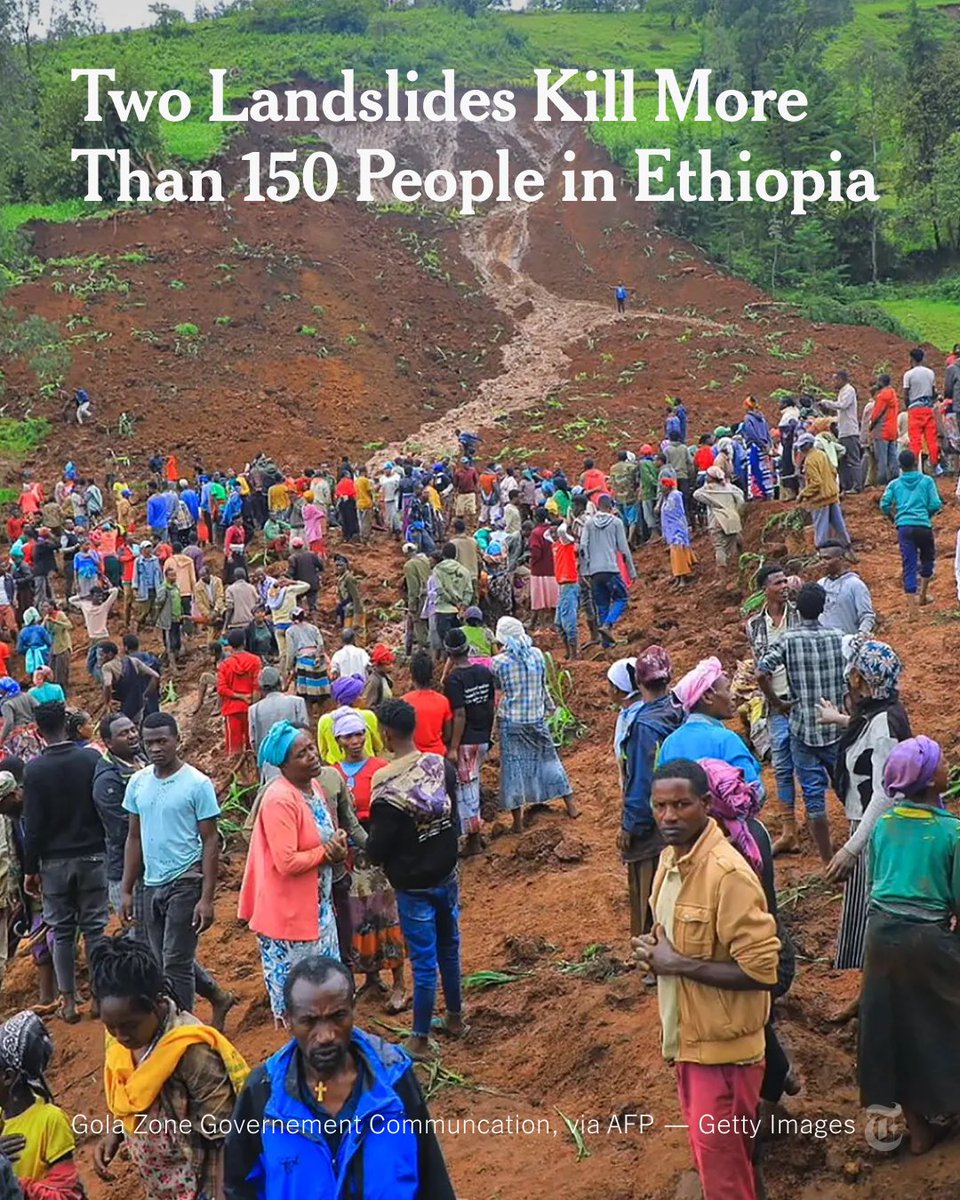 nytimes's tweet image. More than 150 people were killed in southwestern Ethiopia on Monday after a landslide flattened several houses in a village following days of heavy rain. Neighbors and rescue workers who had rushed to help were hit by a second slide. nyti.ms/3YgoPwr