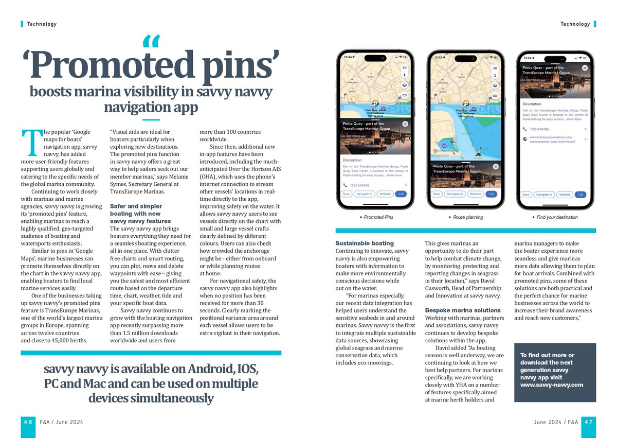 getsavvynavvy's tweet photo. We're in the news! 🤩 "Similar to pins in ‘Google Maps’, marine businesses can promote themselves directly on the chart in the savvy navvy app, enabling boaters to find local marine services easily." 

➡️ See more savvy 👉 https://t.co/09CW7Vol4P

#digitalfirst #boatingmadesimple https://t.co/dS57D4uJ1G