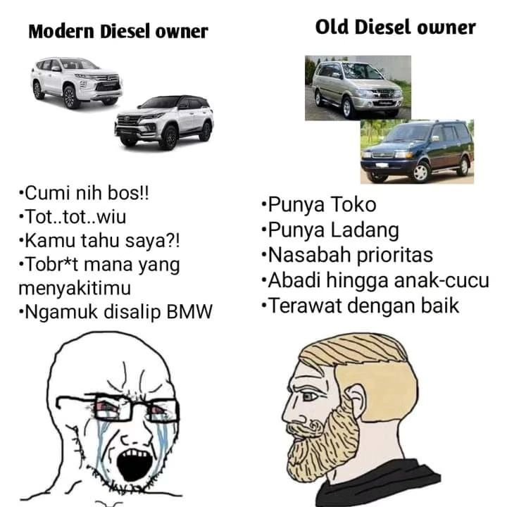 SelebtwitMobil's tweet photo. Old diesel didesain buat mobil bandel
Modern diesel didesain buat orang bandel

Old diesel didesain untuk pekerja keras
Modern diesel didesain untuk jamet

Old diesel didesain untuk perintis
Modern diesel didesain untuk pewaris

Apa versimu? https://t.co/APB1ZtHiq1