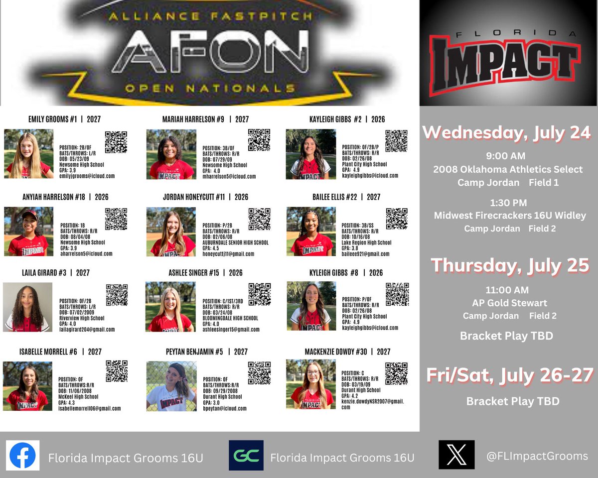 CoachLaura2k27's tweet photo. @thealliancefp @AllianceOpenNat Begins tomorrow! Let’s go Impact @FLImpactGrooms #softball https://t.co/hsjFsKJP2O