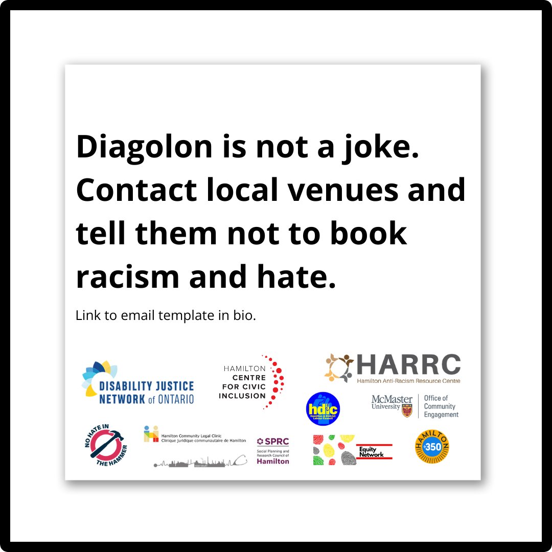 We received dozens of hateful and racist messages in response to our recent post about Diagolon. We also heard from many people who want to take action.

Email or call a local venue to encourage them not to book this event and if you manage a venue, refuse to book space to them.